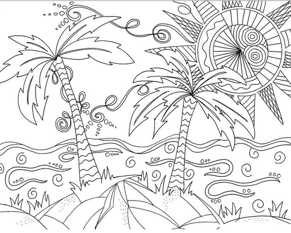 Summer Zentangle Beach Scene Coloring Page