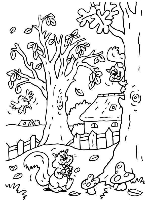 Dibujo para Colorear Escena de bosque otoñal Ardillas