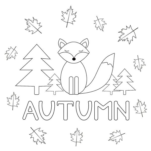 Fall Fox Tree and Leaves Coloring Page